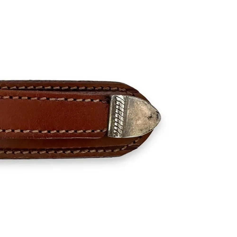 Unisex Western Belt Sz S/M 3D Brown Leather Silver Buckle Braided Details